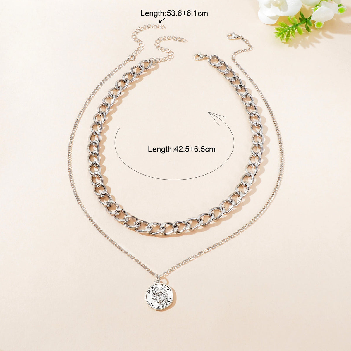 Hip Hop Double Layer Silvery Chunky Chain Round Portrait Pendant Necklace Street Statement Jewelry-4