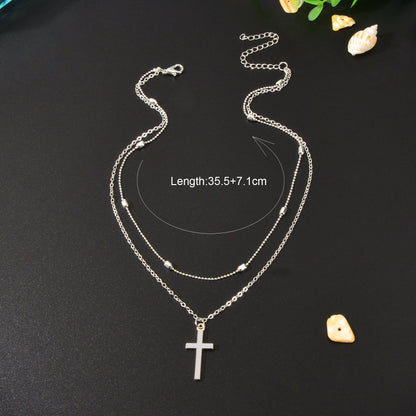 Punk Rock Style Double Layered Silvery Chain Cross Pendant Necklace Women Party Daily Jewelry-4