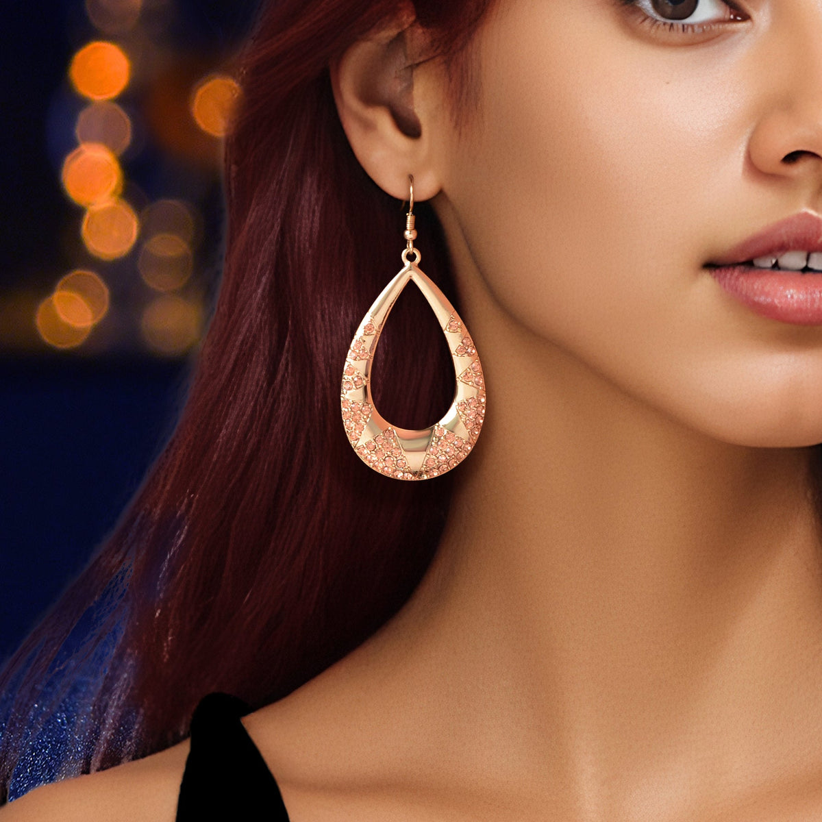 Luxurious Sparkling Pink Rhinestone Decor Golden Hollow Water Drop Earrings Party Wedding Jewelry-0