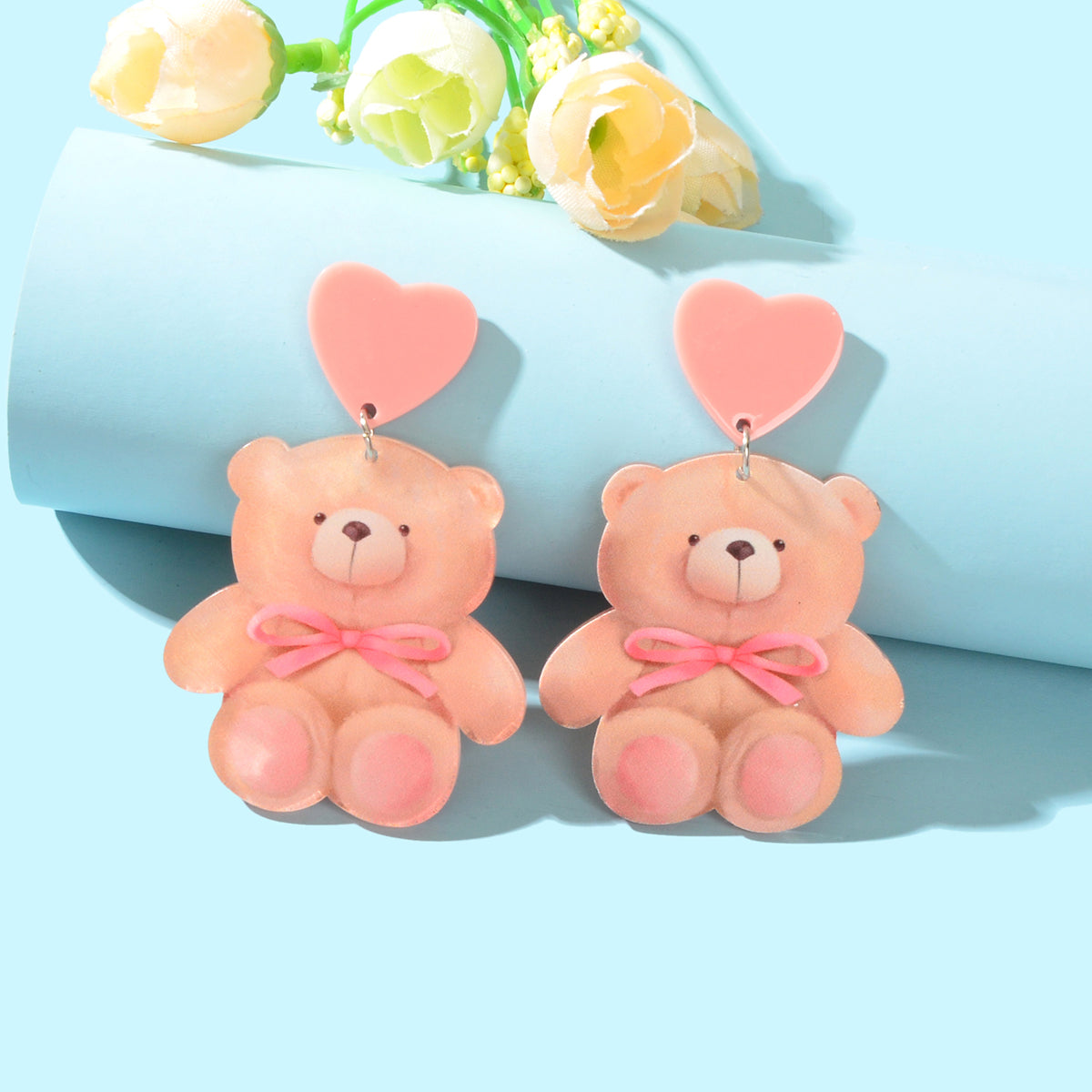 Super Sweet Pink Heart Bowknot Bear Acrylic Dangle Stud Earrings Birthday Gift-0