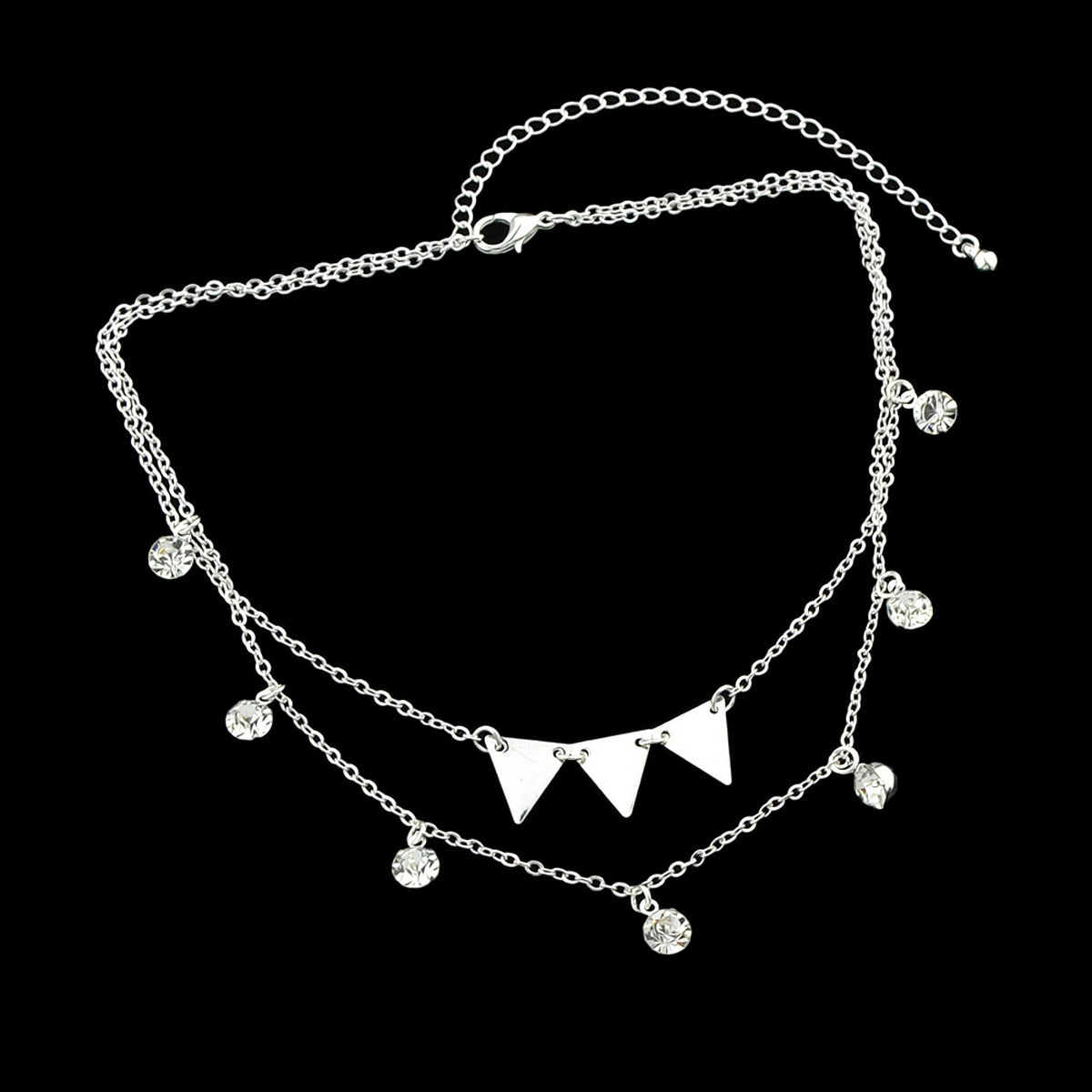 Trendy Jewellery Double layer Silver Chain Rhinestone Triangle Pendant Necklace-0