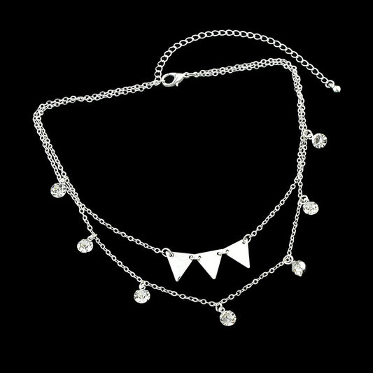 Trendy Jewellery Double layer Silver Chain Rhinestone Triangle Pendant Necklace-0