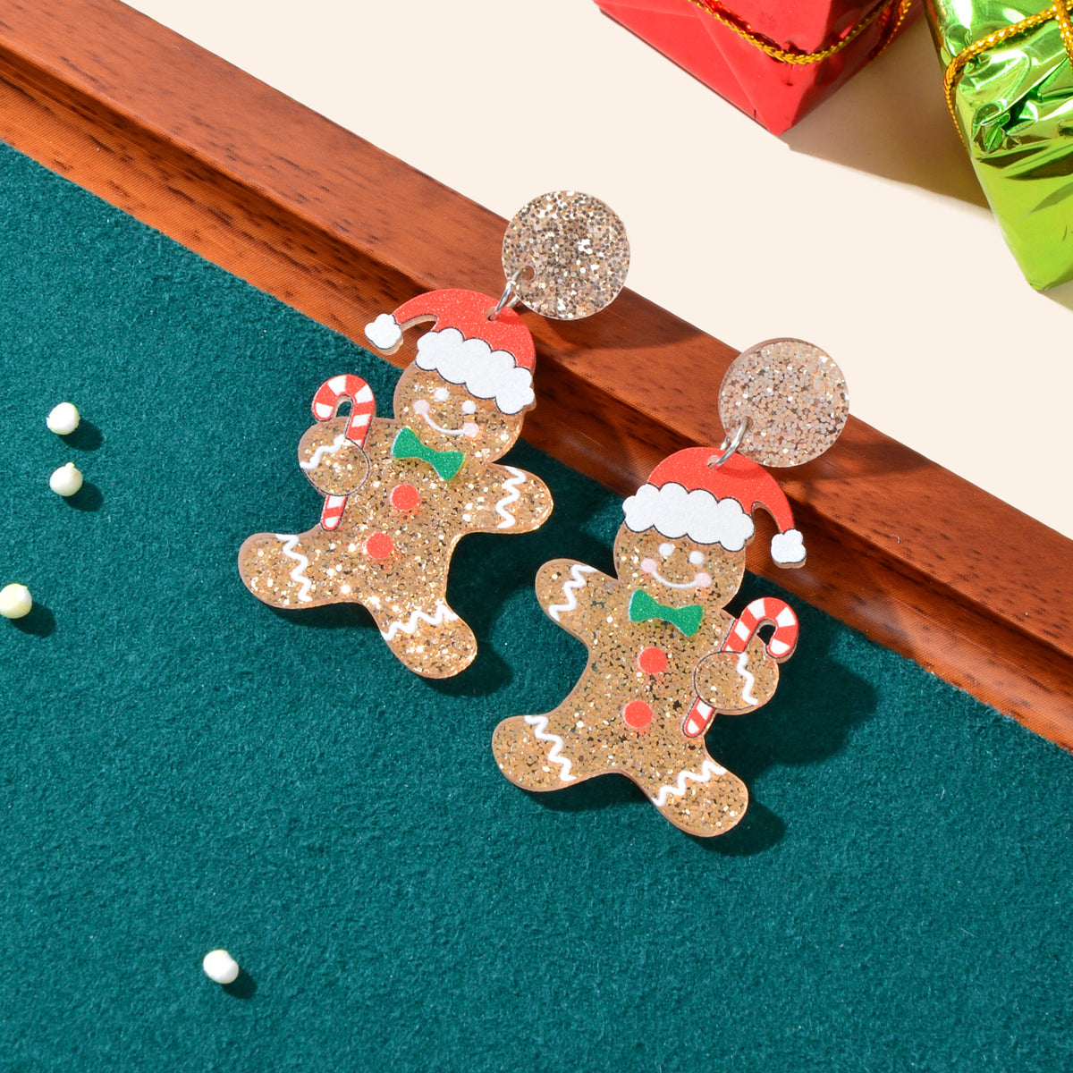 Christmas Gift Sparkling Acrylic Gingerbread Man with Candy Cane Dangle Earrings-0