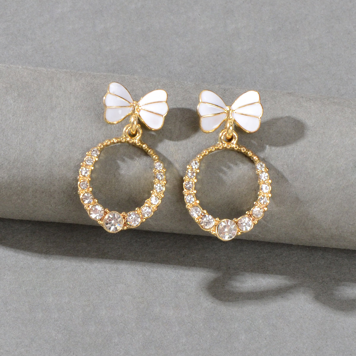 Women Teen Girls White Enamel Bow Rhinestone Circle Stud Lightweight Earrings-4