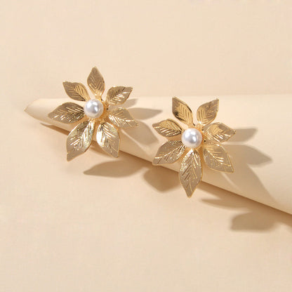 Fashion Pearl Decoration Gold Silver Leaf Hypoallergenic Stud Pierced Earrings-0