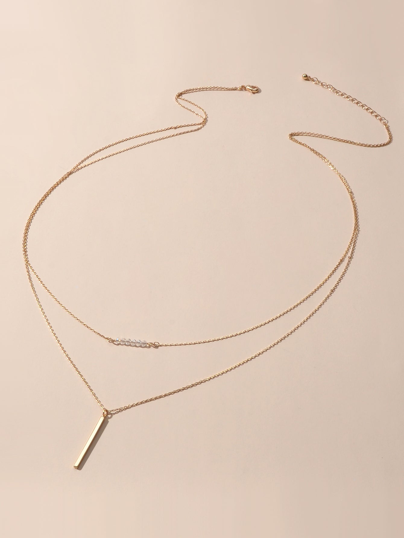 Feelontop Beads Decor Gold Silver Double layer Chain Bar Charm Necklace Jewelry-3