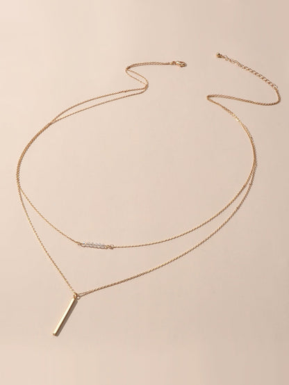 Feelontop Beads Decor Gold Silver Double layer Chain Bar Charm Necklace Jewelry-3