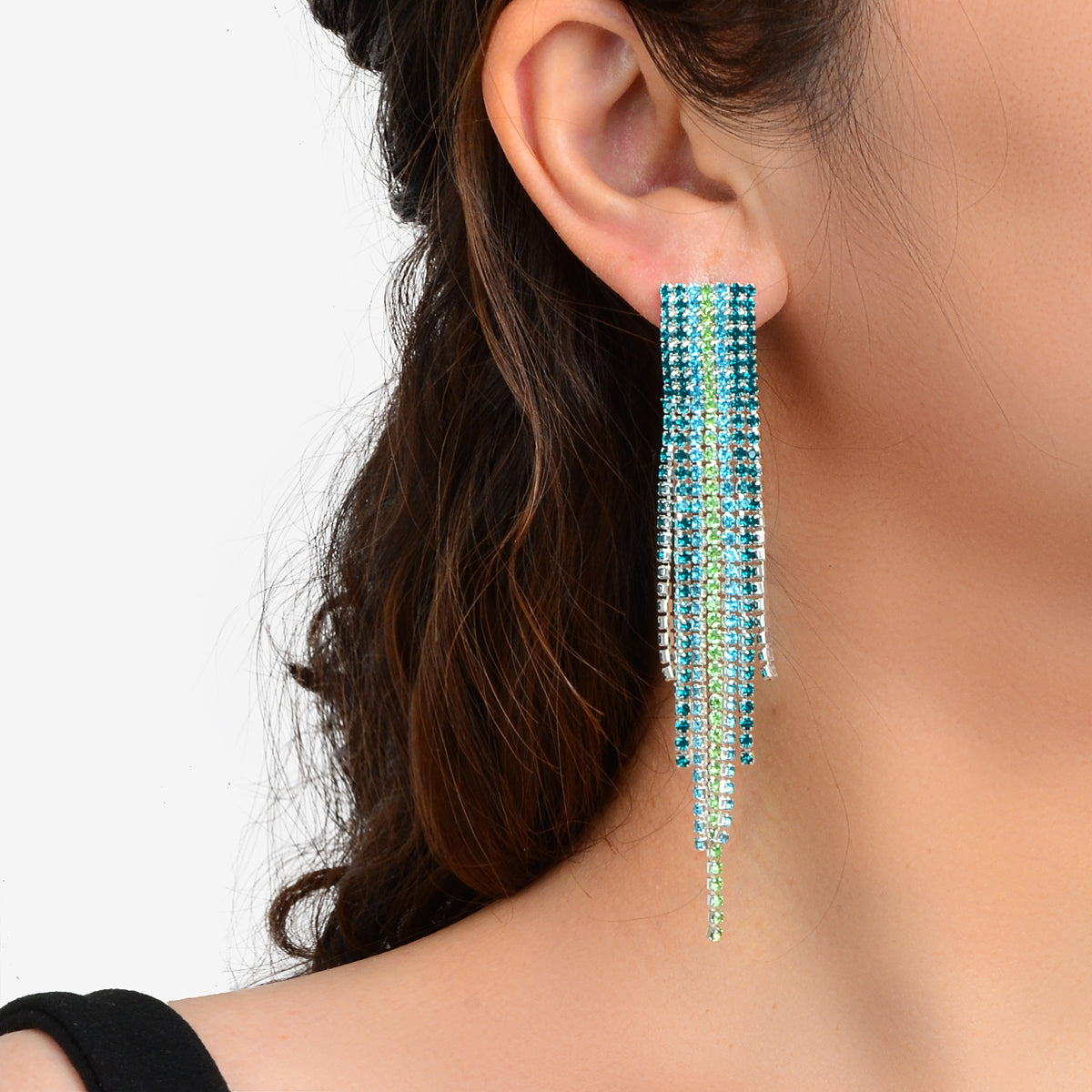 Sparkling Tassel Full Blue Rhinestone Fringe Chain Pierced Chandelier Earrings-0