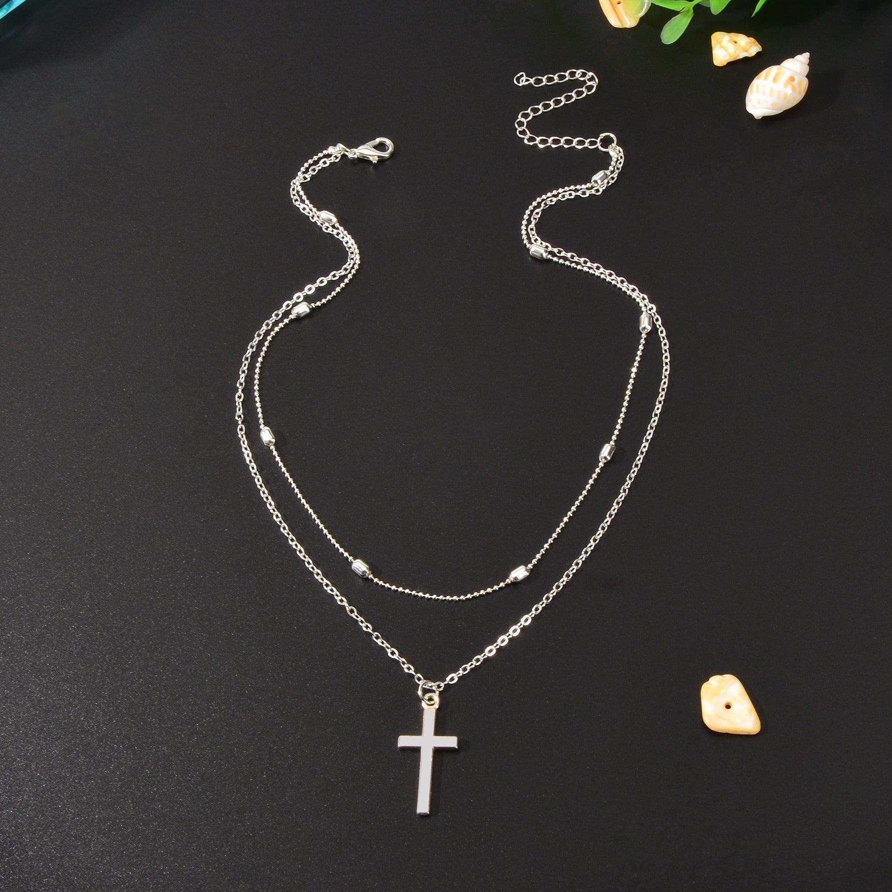 Punk Rock Style Double Layered Silvery Chain Cross Pendant Necklace Women Party Daily Jewelry-3