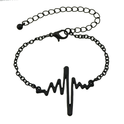 Minimalist Jewellery Gold Silver Black Metal Heartbeat Charm Bracelet for Women-5