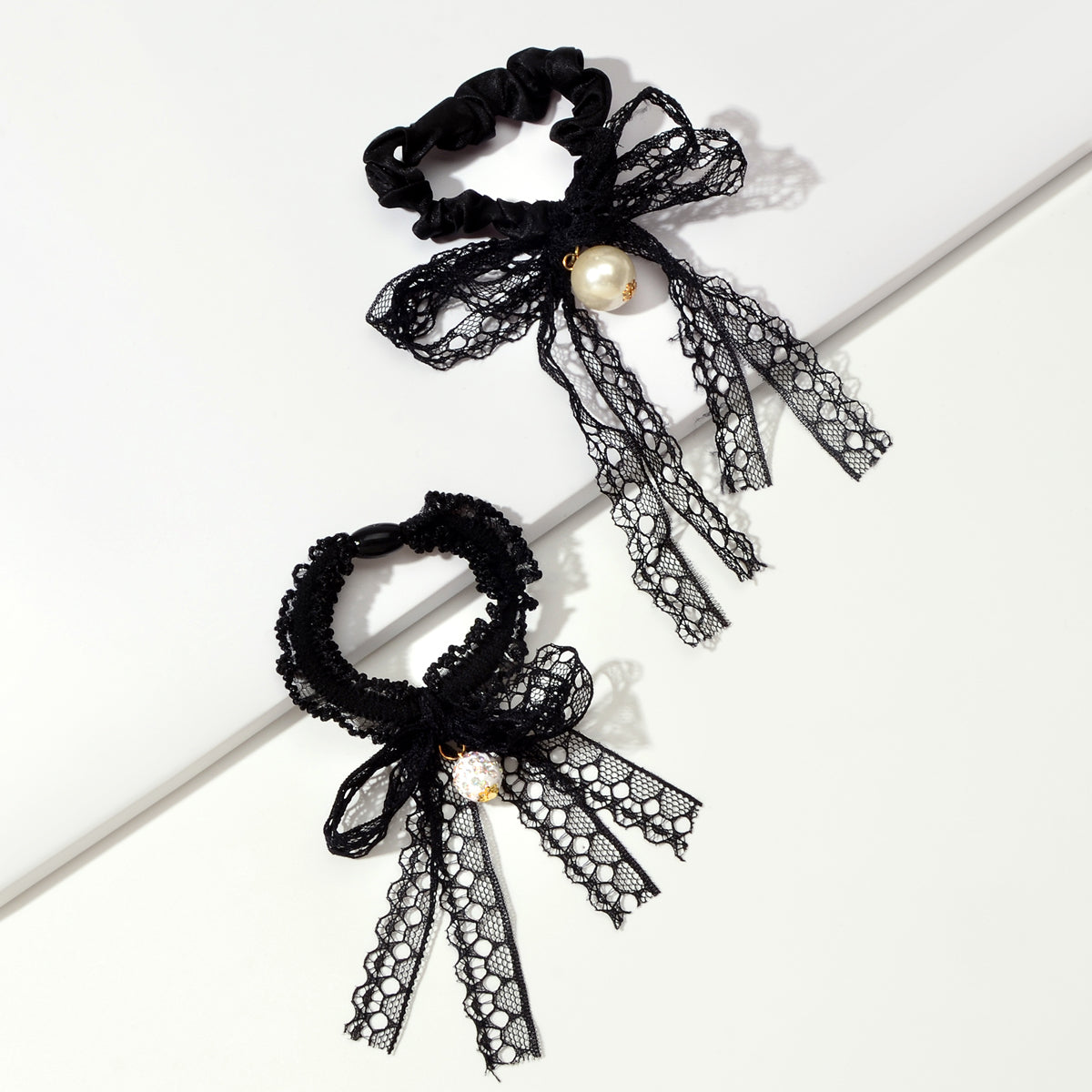 2pcs Black Lace Bead Elastic Bowknot Hair Ties Ropes Women Girl Hair Accessories-0