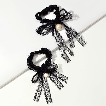 2pcs Black Lace Bead Elastic Bowknot Hair Ties Ropes Women Girl Hair Accessories-0