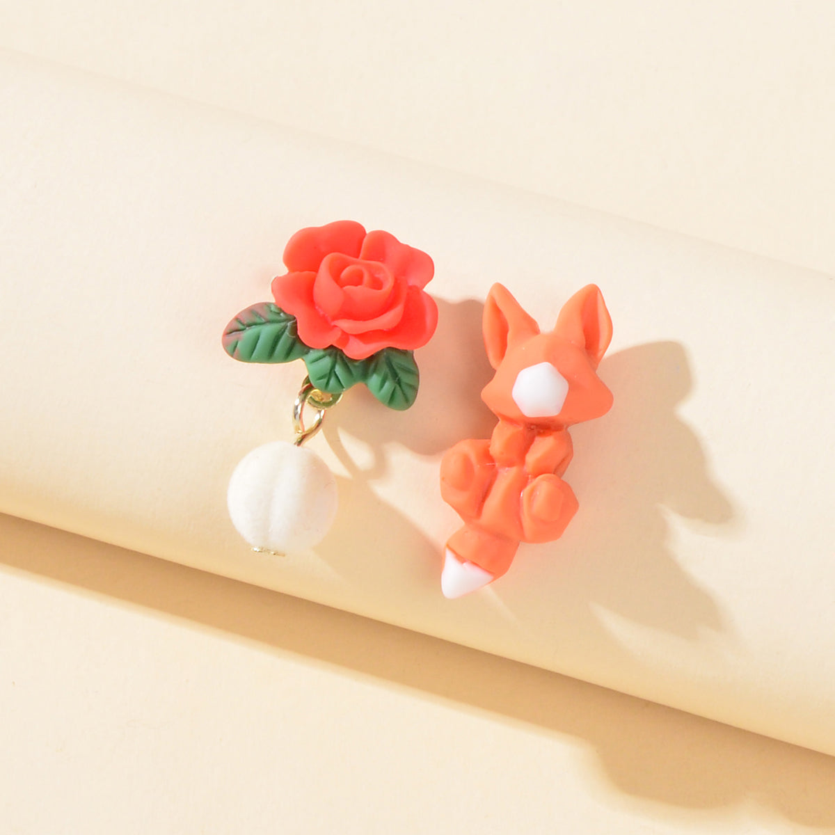 Funny Gift Asymmetrical 3D Cartoon Carved Red Rose Orange Fox Stud Earrings Gift-0