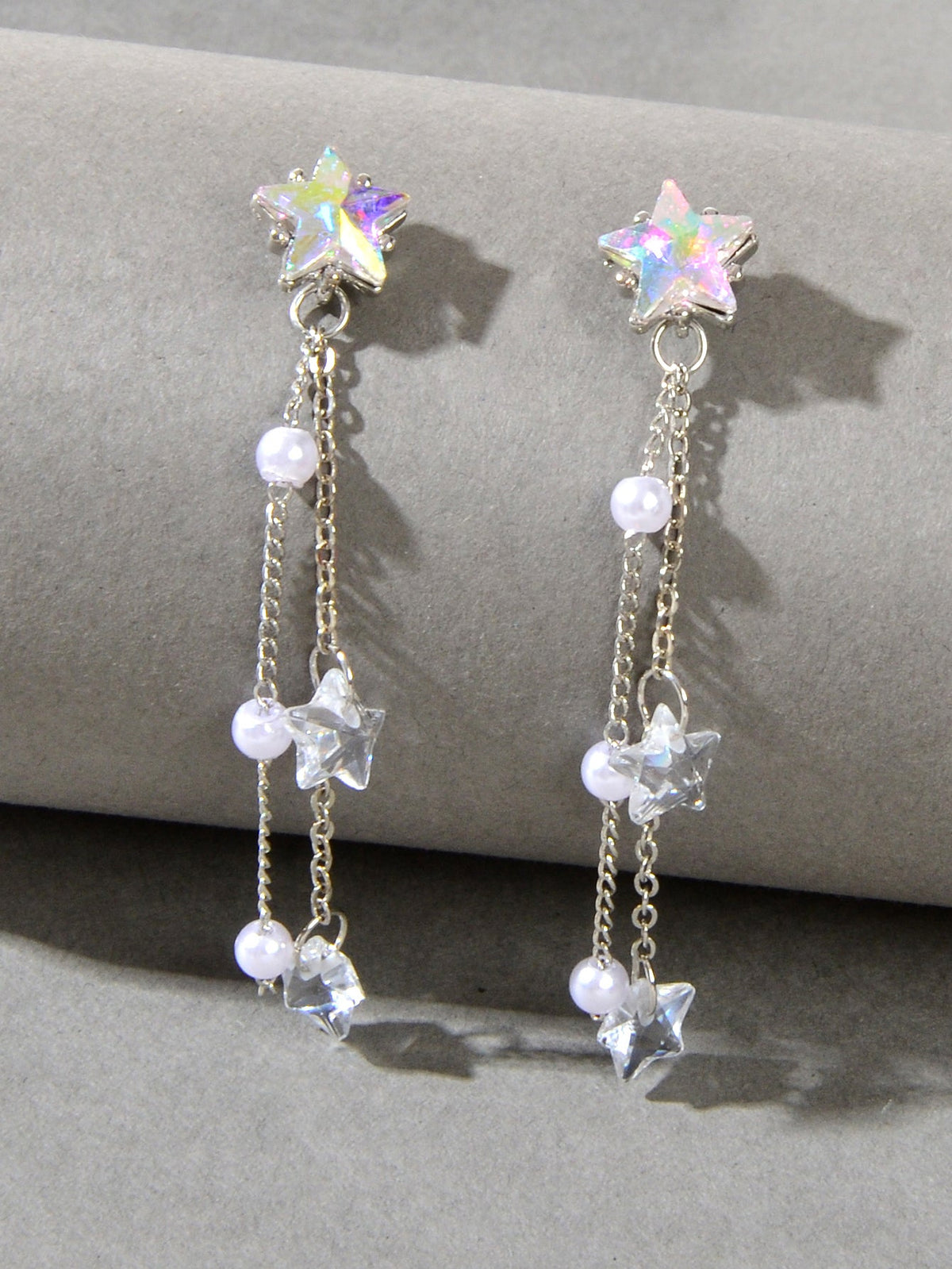 Women Trendy Silver Chain Resin Transparent Beads Star Dangle Pendant Earrings-0