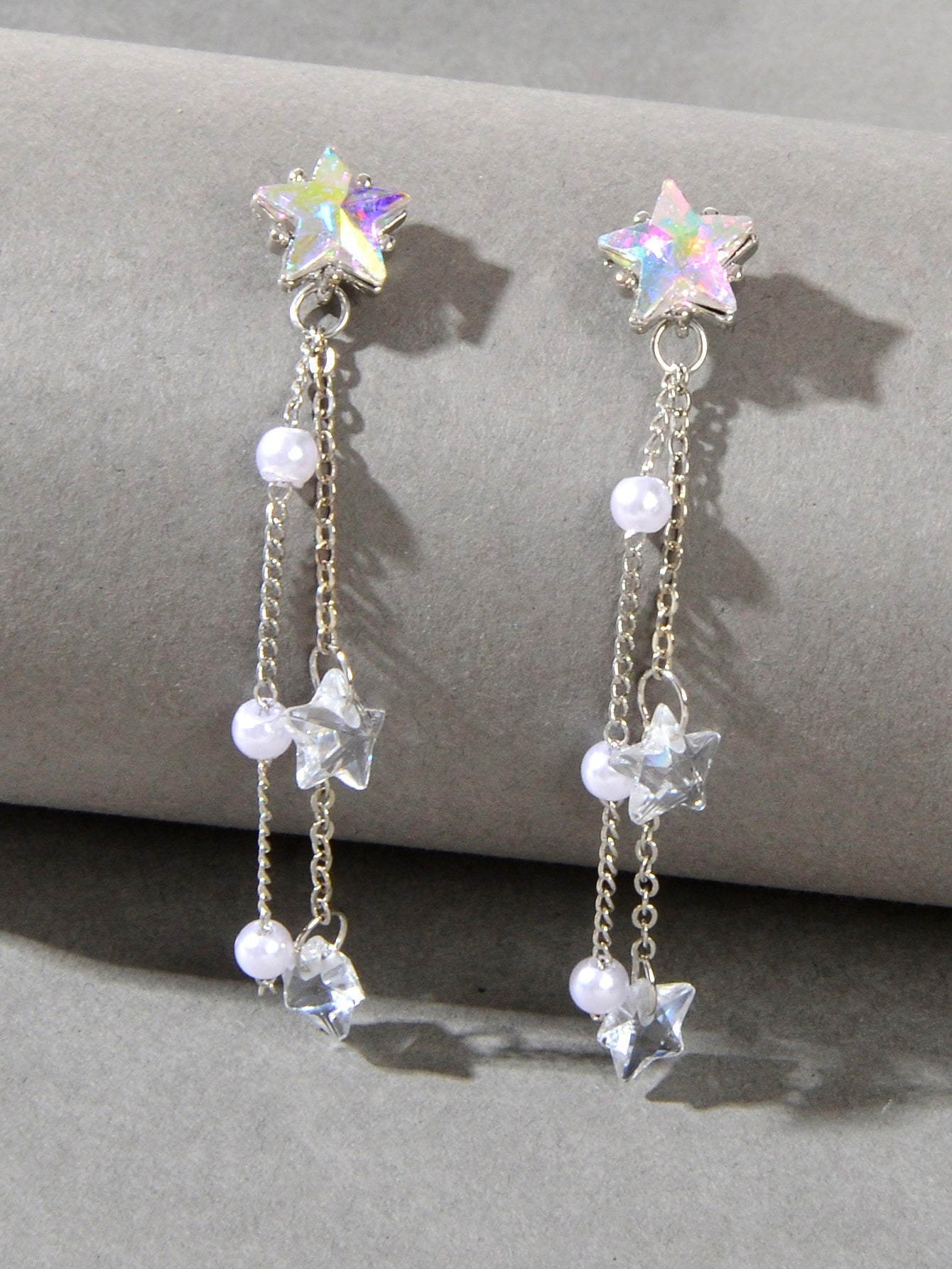 Women Trendy Silver Chain Resin Transparent Beads Star Dangle Pendant Earrings-0