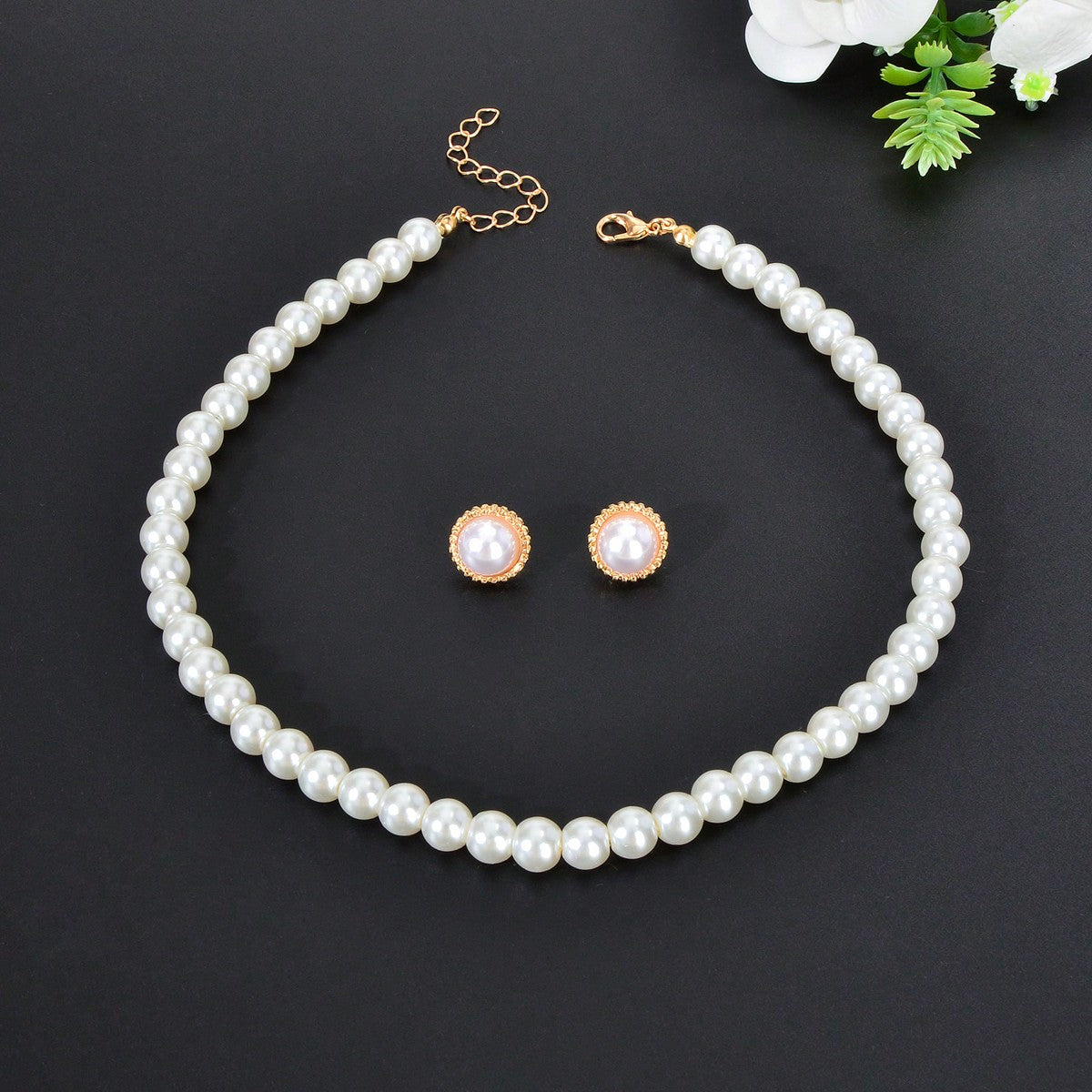 White Pearl Necklace with Large Pearl Earrings Elegant Jewellery Set Party Gift-0