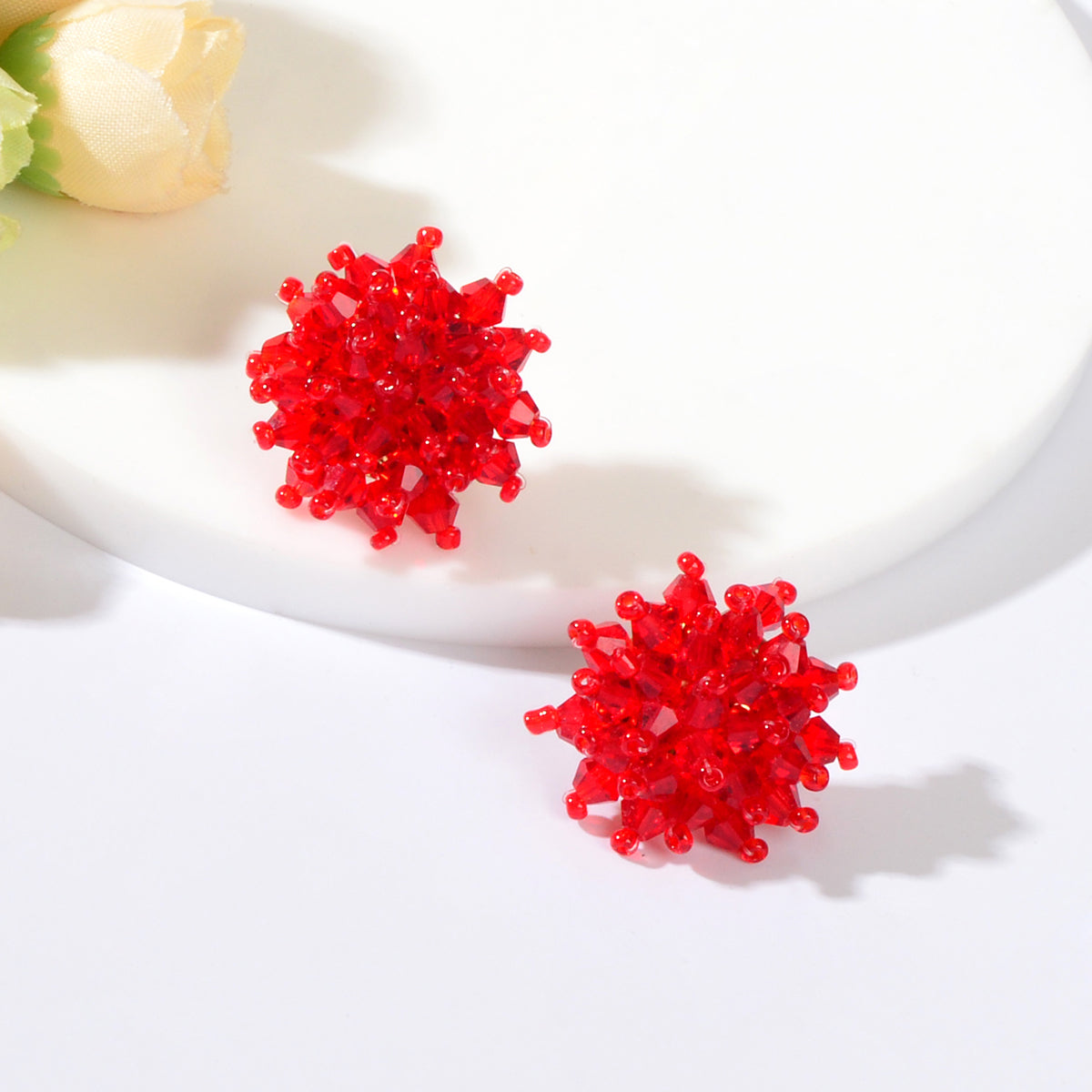 Handmade Red Glass Seed Beads Braided Flower Stud Earrings Ideal Holiday Jewerly-0