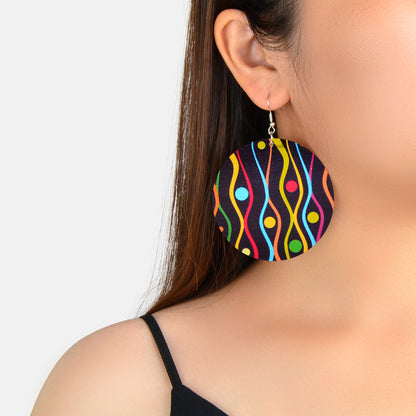 Stunning Woman's Wooden Bohemian Colourful Round Dangle Funky Statement Earrings-0