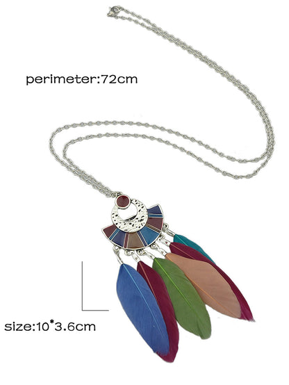 Ethnic Bohemian Traditional Jewellery Silver Long Chain Feather Shape Necklace-4