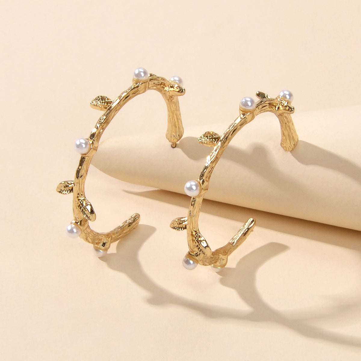 Designer Metal Pearl Branch C Shape Hypoallergenic Hoop Earrings Nice Collection-0