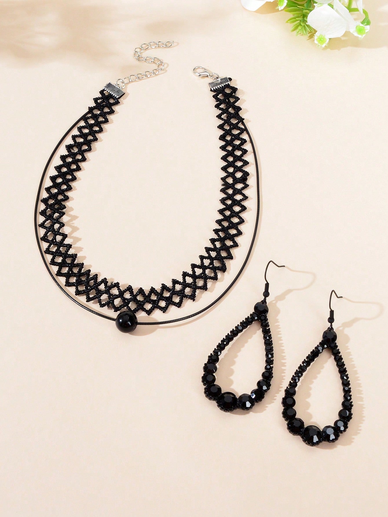 Black Lace Necklace with Teardrop Pendant Earrings Set - Elegant Gothic Jewelry-1