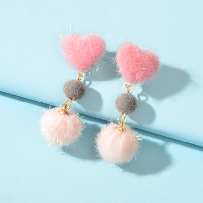Colorful Faux Fur Ball Pom Pom Heart Dangle Earrings Gift for Christmas New Year-0