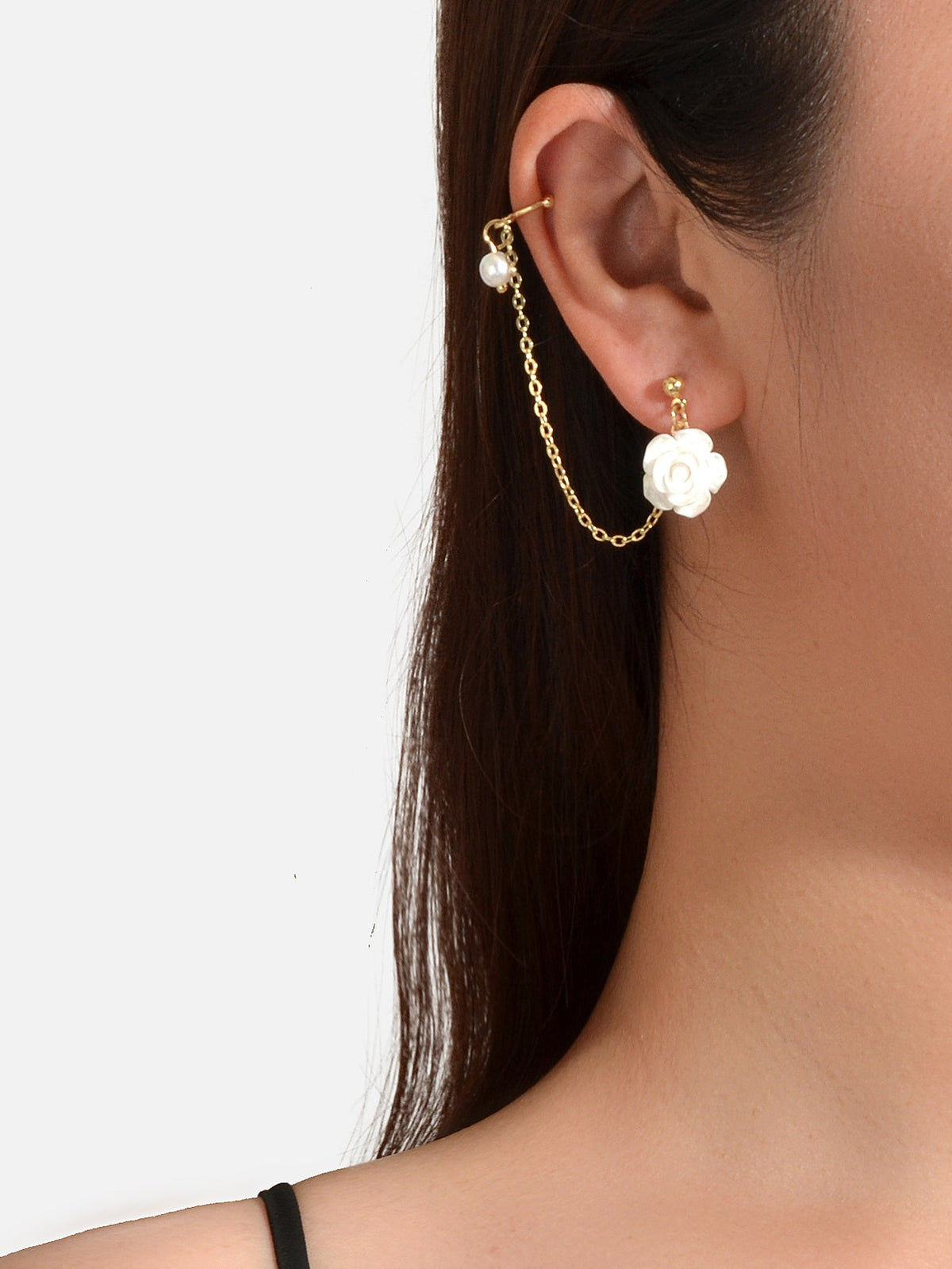 Asymmetric Gold Chain White Flower Stud Earrings Ear Cuff Cartilage Jewellery-0