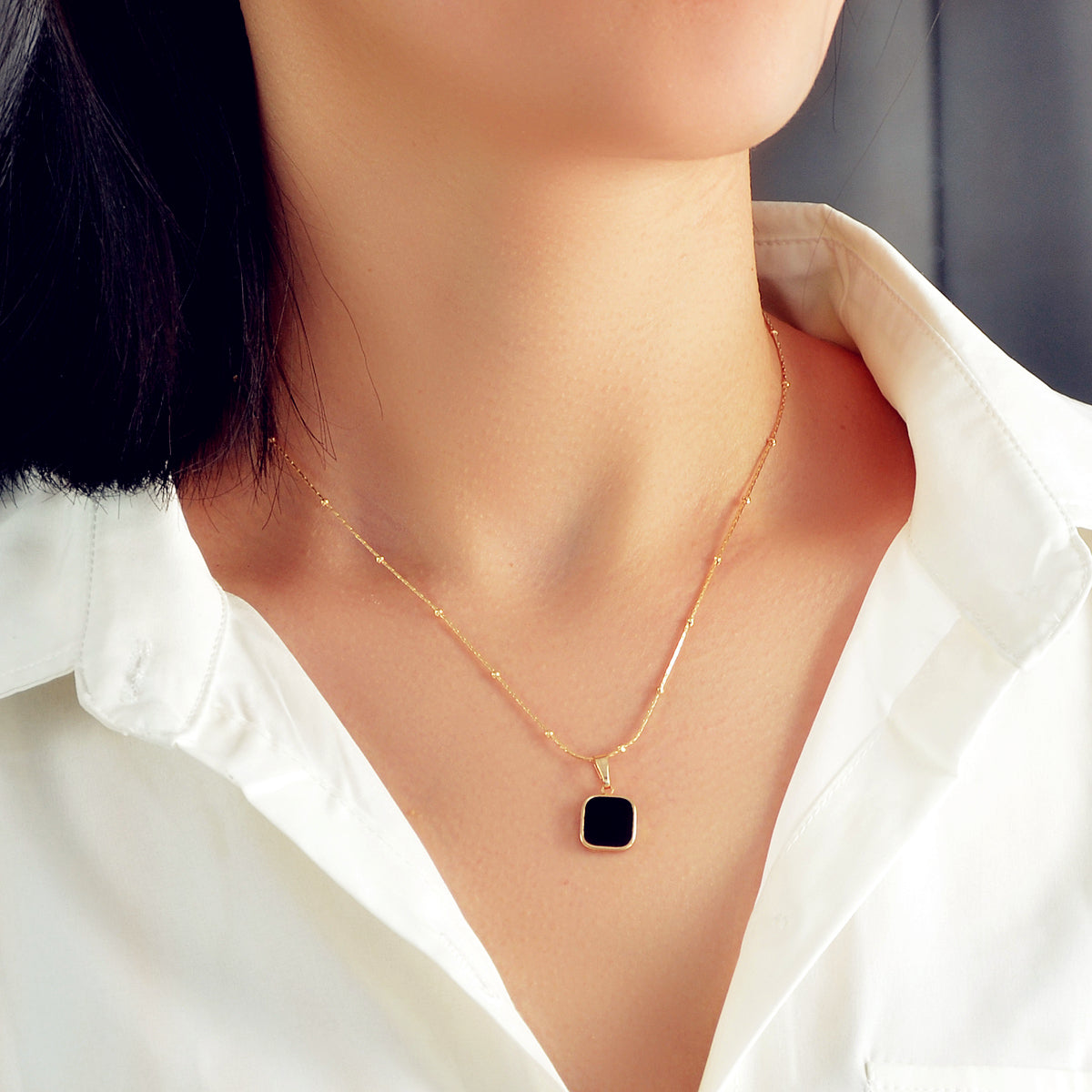 AU Stock Gold Chain Black Enamel Square Charm Necklace Women Fashion Accessories-0