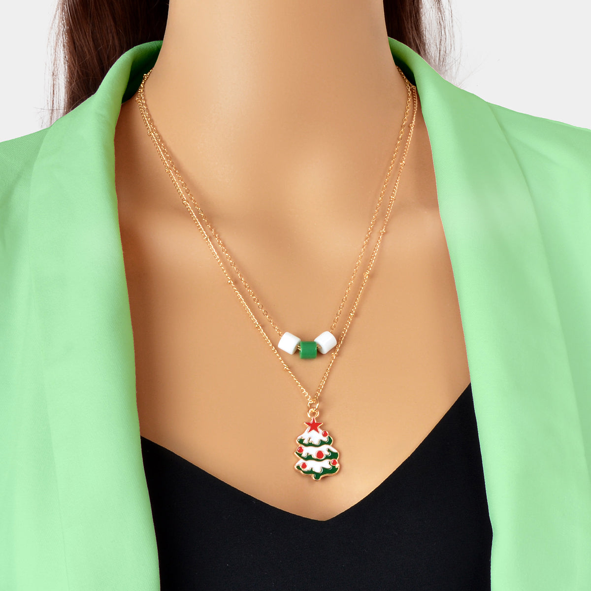 Festival Party Jewellery Gift Gold Layered Chain Christmas Tree Pendant Necklace-0