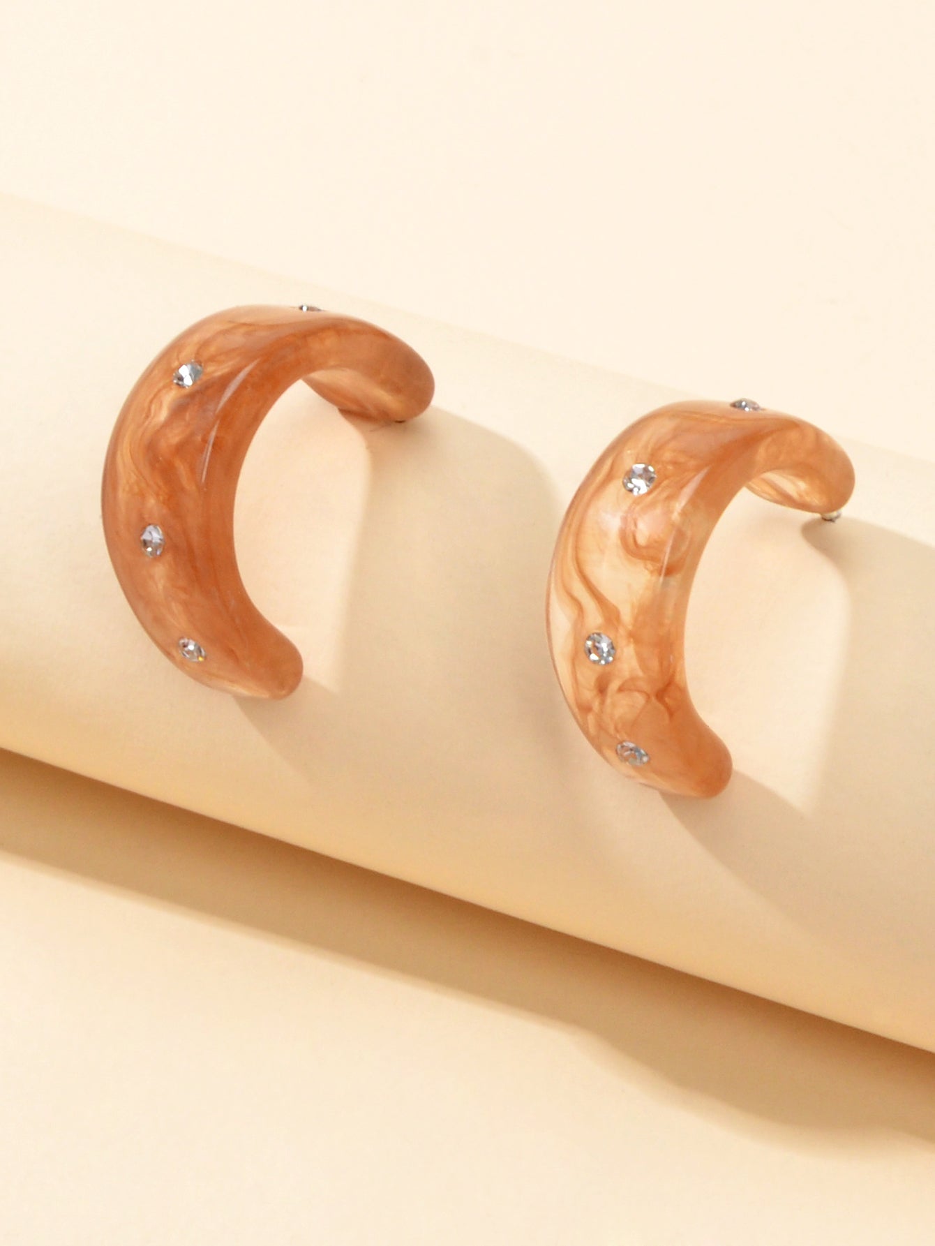 Boho Chic Rhinestone Brown Resin C shape Huggie Pierced Hoop Personality Earring-0