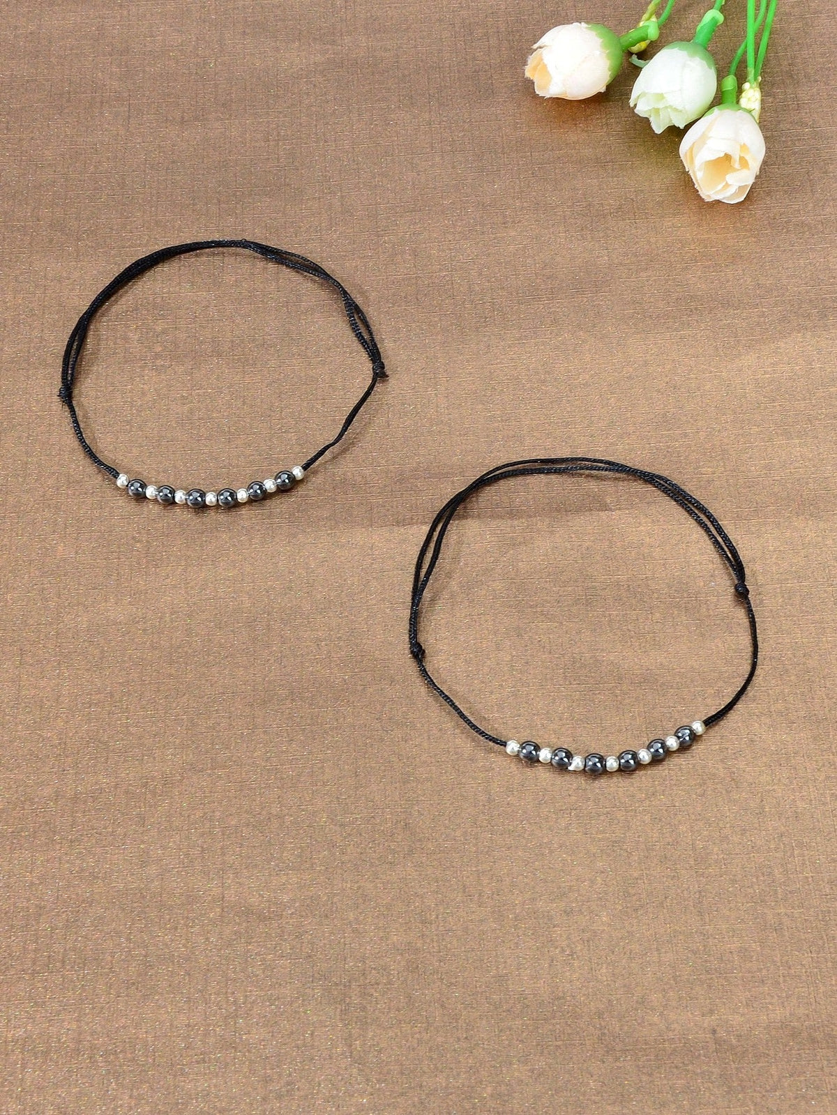 2pcs Bead Black Rope Adjustable Anklet Matching Couple Best Friend Foot Jewelry-1