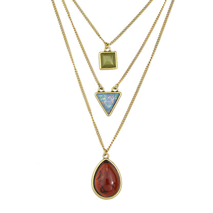 Bohemian Jewelry 3pcs Gold Chain Resin Square Triangle Water Drop Charm Necklace-1