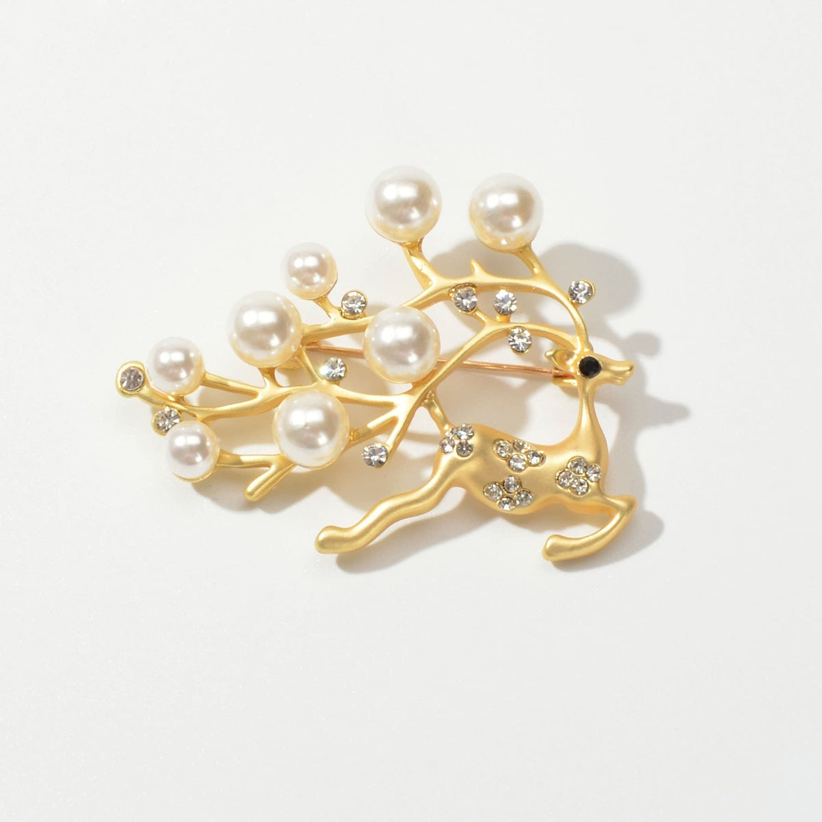 Christmas Pearl Rhinestone Gold Reindeer Brooch Deer Lapel Pin Dress Accessories-0
