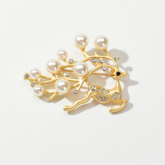 Christmas Pearl Rhinestone Gold Reindeer Brooch Deer Lapel Pin Dress Accessories-0