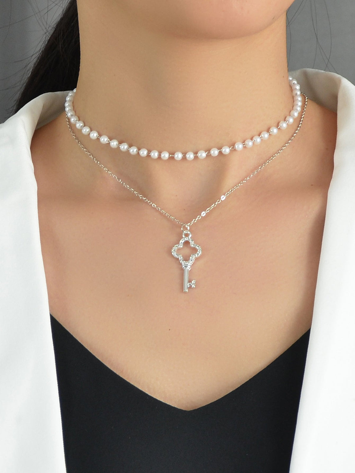 Perfect Wedding Engagement Gift Pearl Double Layer Chain Key Pendant Necklace-0