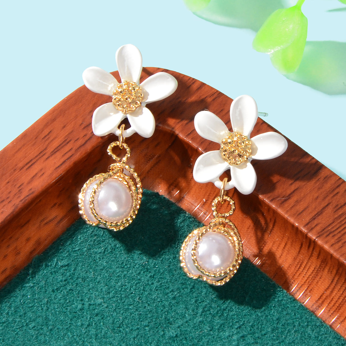 Textured Jewellery Pearl Decor Yellow Flower Drop Pierced Earring Dainty Gifts-5