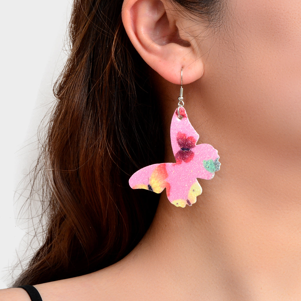Pink Green Lightweight Pu Leather Butterfly Dangle Earrings Beautiful Accessory-0