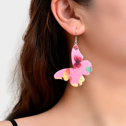 Pink Green Lightweight Pu Leather Butterfly Dangle Earrings Beautiful Accessory-0