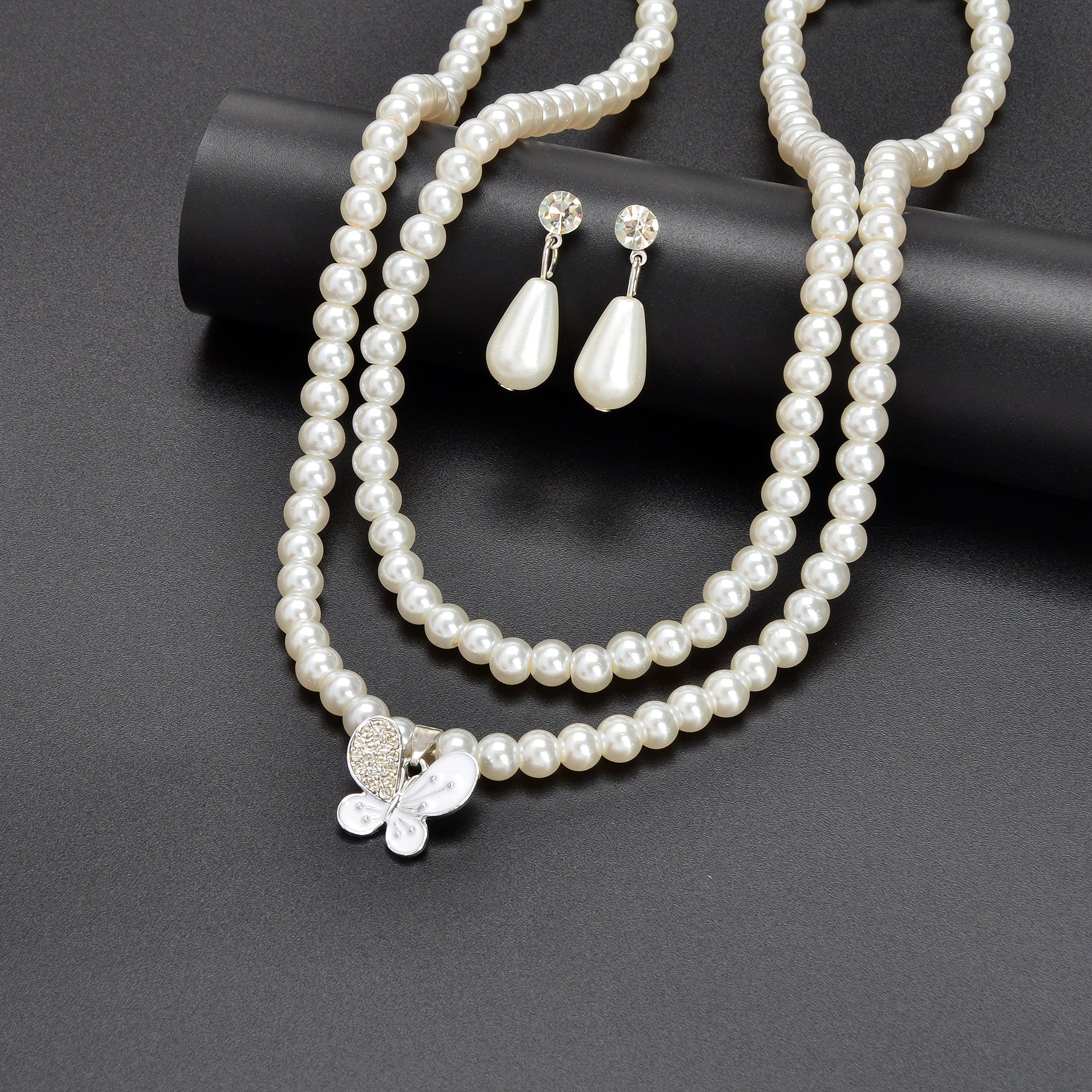 Imitation Pearl Double layered Necklace Water Drop Earrings Banquet Wedding Jewellery set-4