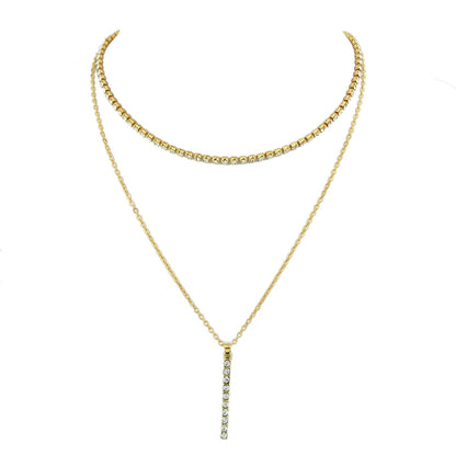 Trendy Shining Full Rhinestone Gold Silver Double layer Chain Bar Charm Necklace-3