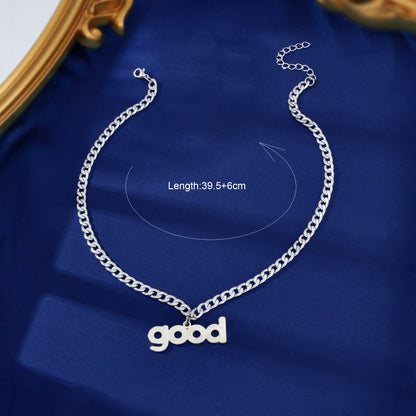 Street Sporty Silvery Thick Link Chain Good Letter Pendant Necklace Party Music Festival Jewelry-3