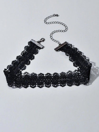 Black Lace Flower Pattern Short Gothic 90s Tattoo Choker Retro Necklace Collar-1