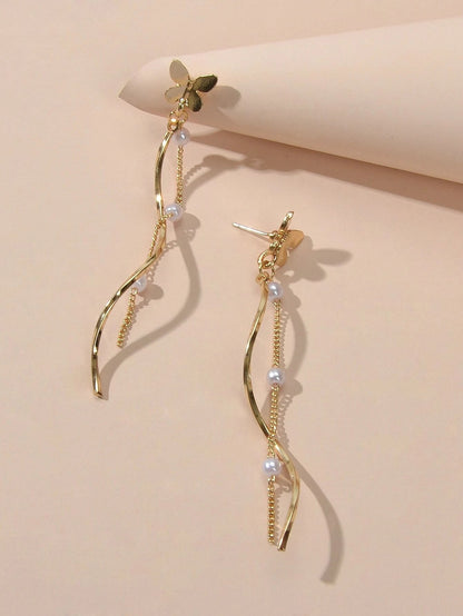 Fashion Pearl Decor Long Gold Chain Butterfly Geometric Dangle Women Earrings-0