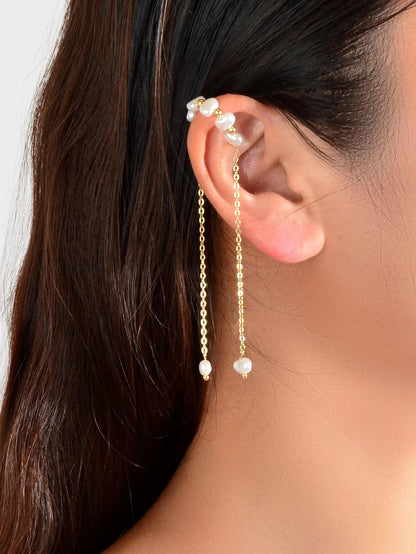 1 pc Fashion Pearl Long Gold Chain Ear Cuff Cartilage Dangle Earrings Accessory-0