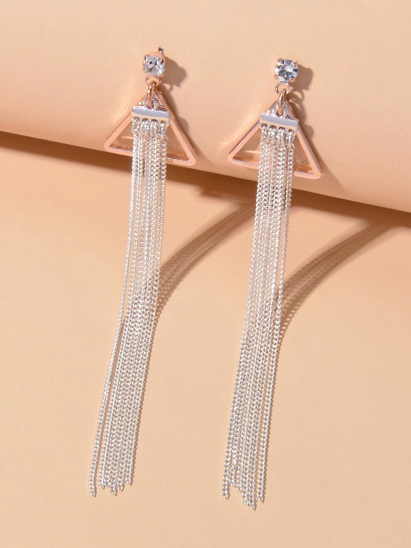 Rhinestone Triangle Silver Tassel Long Chain Drop Dangle Party Stud Earrings-0