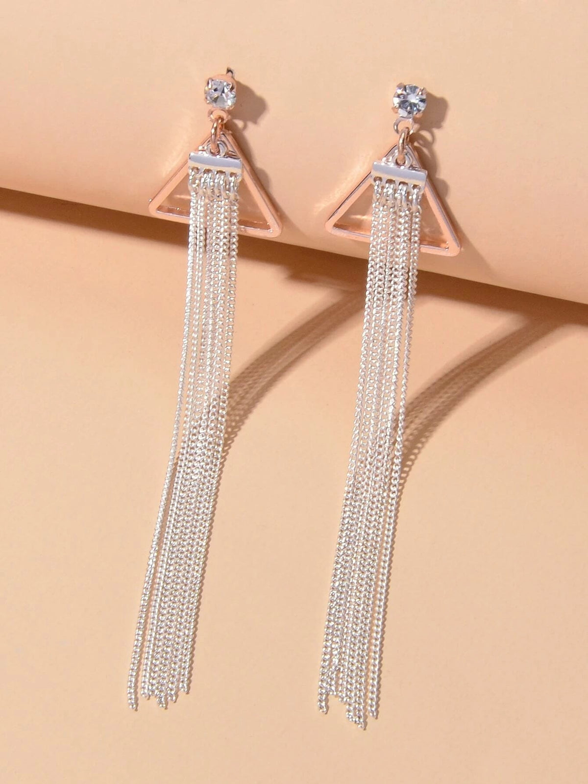 Rhinestone Triangle Silver Tassel Long Chain Drop Dangle Party Stud Earrings-0