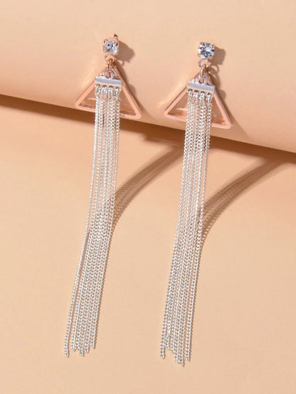 Rhinestone Triangle Silver Tassel Long Chain Drop Dangle Party Stud Earrings-0