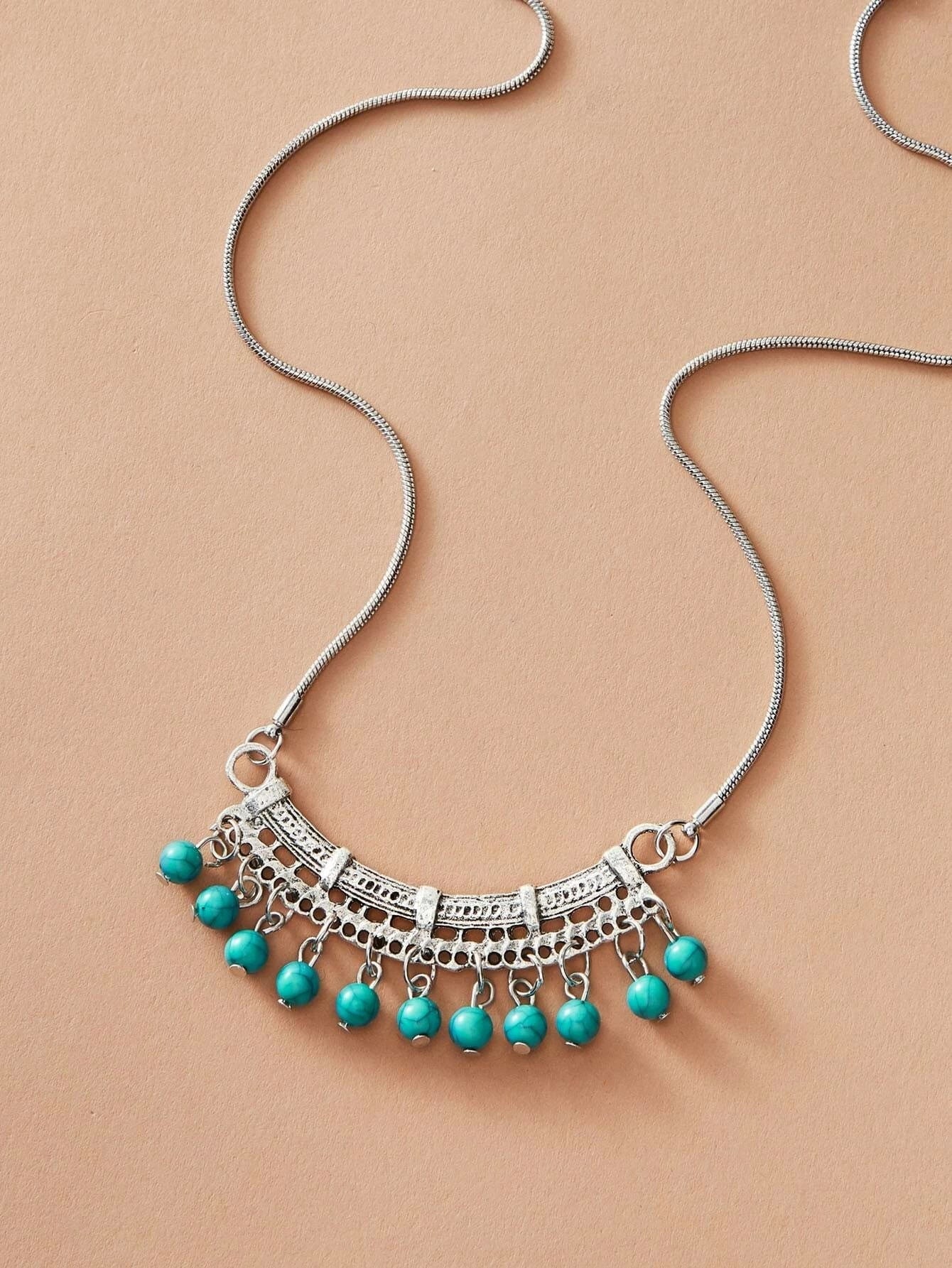 Tribal Ethnic Antique Silver Chain Turquoise Bead Bib Necklace Boho Blue Jewelry-0
