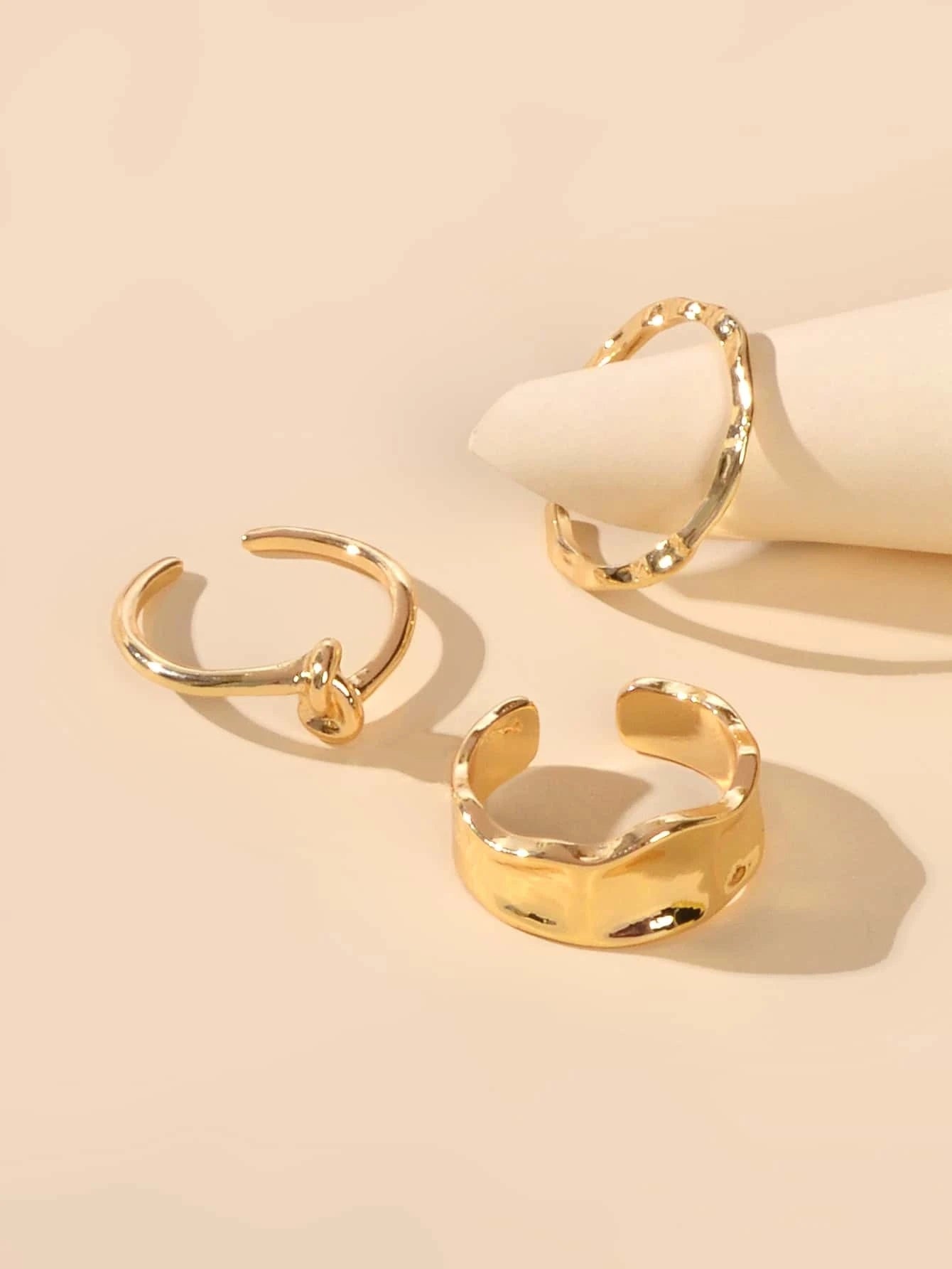 3pcs Gold Solid Midi Metal Knot Decor Finger Knuckle Rings Set Fashion Jewellery-0