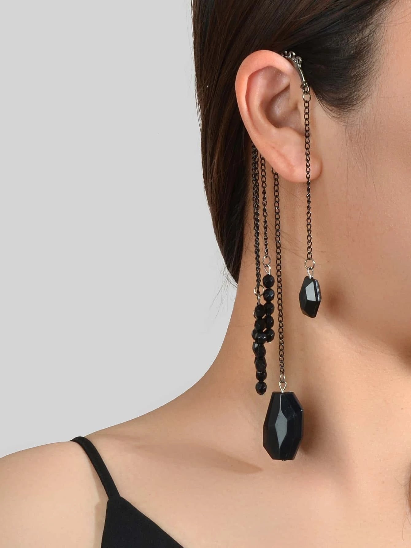 1pc Punk Rock Black Long Chain Tassel Beads Drop Earrings Ear Cuff Ear Climber-3